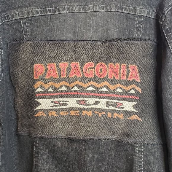 Upcycled Black Denim Jacket Adult Size Large Argentina Panel On Back - Picture 7 of 9